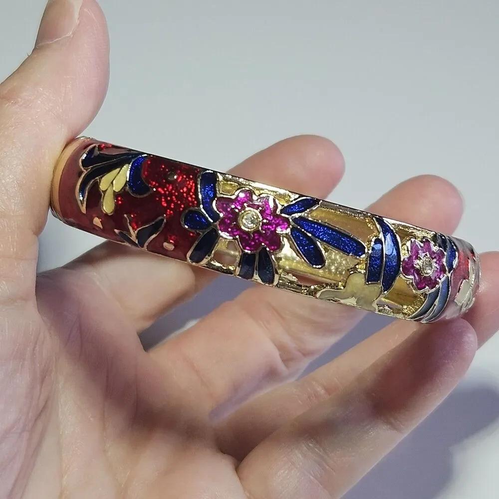*Sale* Jiu Long Xing Gold Tone Red Blue Cloisonne Flower Hinged Bracelet 7.5" - Picture 13 of 14